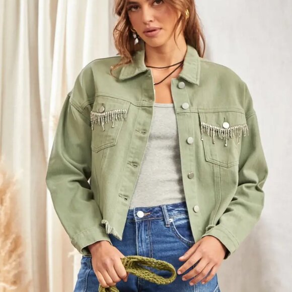 NWT Rhinestone Detail Denim Jacket  in Sage Green - Picture 5 of 6